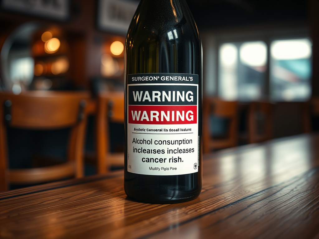 Create a realistic image of a close-up view of a wine bottle with a prominent new black and red warning label that reads "SURGEON GENERAL'S WARNING: Alcohol consumption increases cancer risk." The bottle is positioned on a wooden bar counter with blurred bar stools in the background, creating a somber atmosphere with dim lighting.