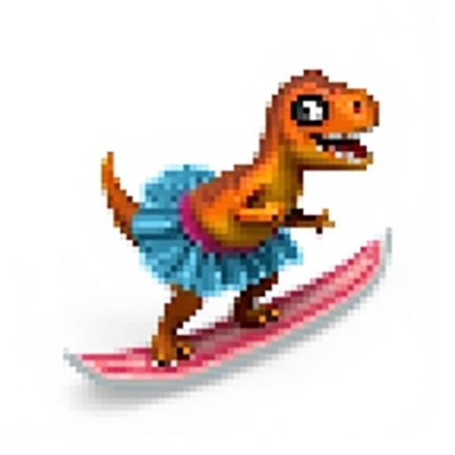 t-rex wearing a tutu on surf board