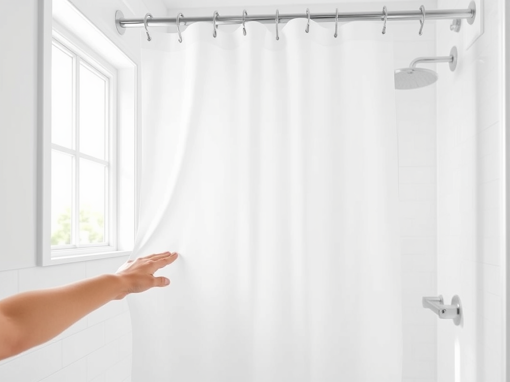 Create a realistic image of a sleek, lightweight white shower curtain hanging in a modern bathroom, with a hand reaching out to effortlessly slide it open, showcasing its user-friendly design. The background should feature clean, minimalist tiles and chrome fixtures, with soft natural light streaming through a nearby window to highlight the curtain's smooth texture and easy-to-use functionality.