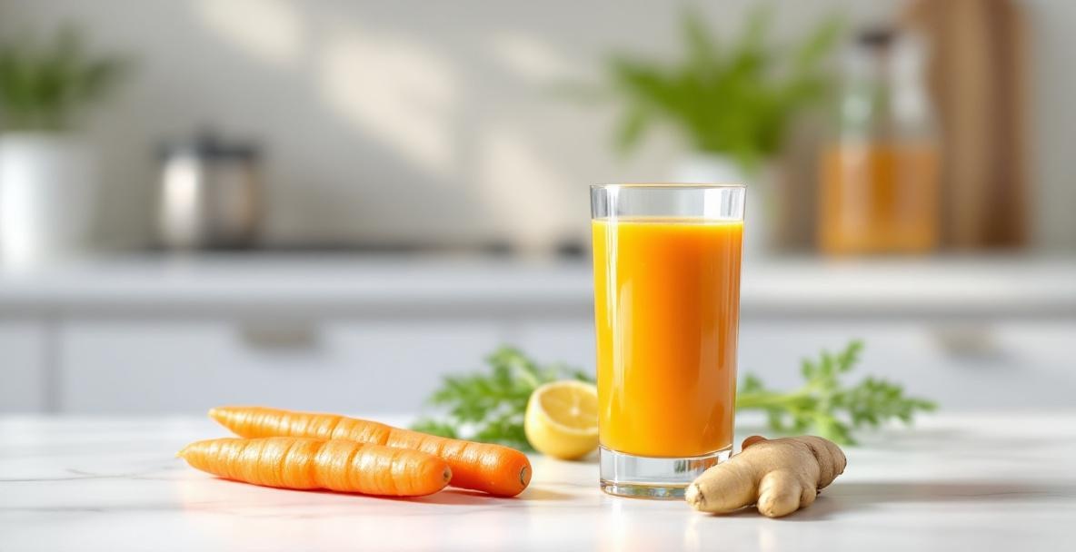 Close-up of carrot ginger juice with fresh carrots and ginger on a white countertop.
