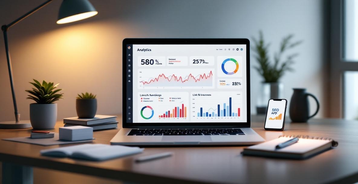 Modern office desk with a laptop showing SEO analytics dashboard and link-building tools.