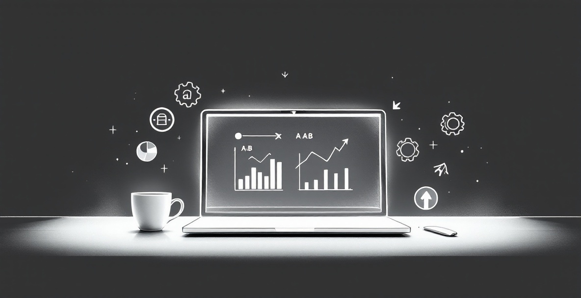 Sketch of a workspace with laptop showing SaaS marketing tools, icons for analytics, optimization, and growth.