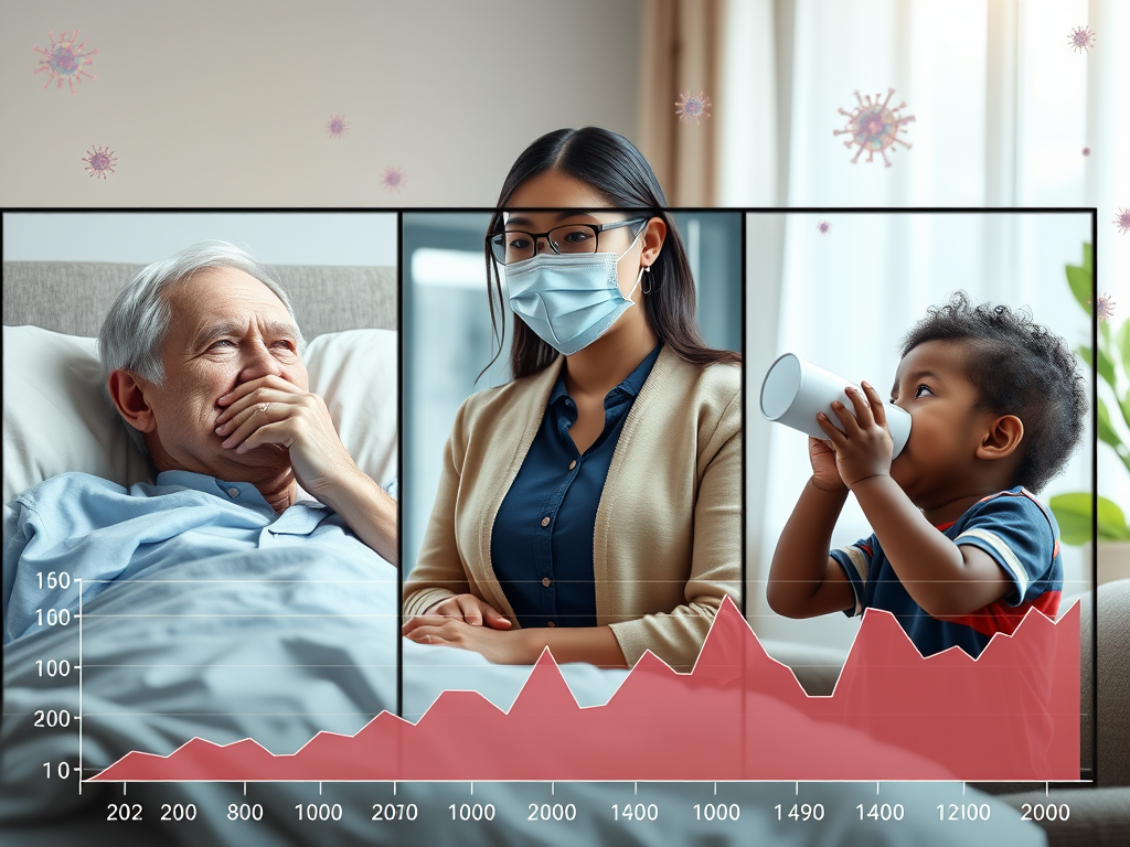 Create a realistic image of a split-screen showing three age groups affected by HMPV: an elderly white male coughing in a hospital bed, a middle-aged Asian female wearing a mask at work, and a young black child using an inhaler at home, with subtle virus particles floating in the background and a graph showing infection rates across age groups in the foreground.