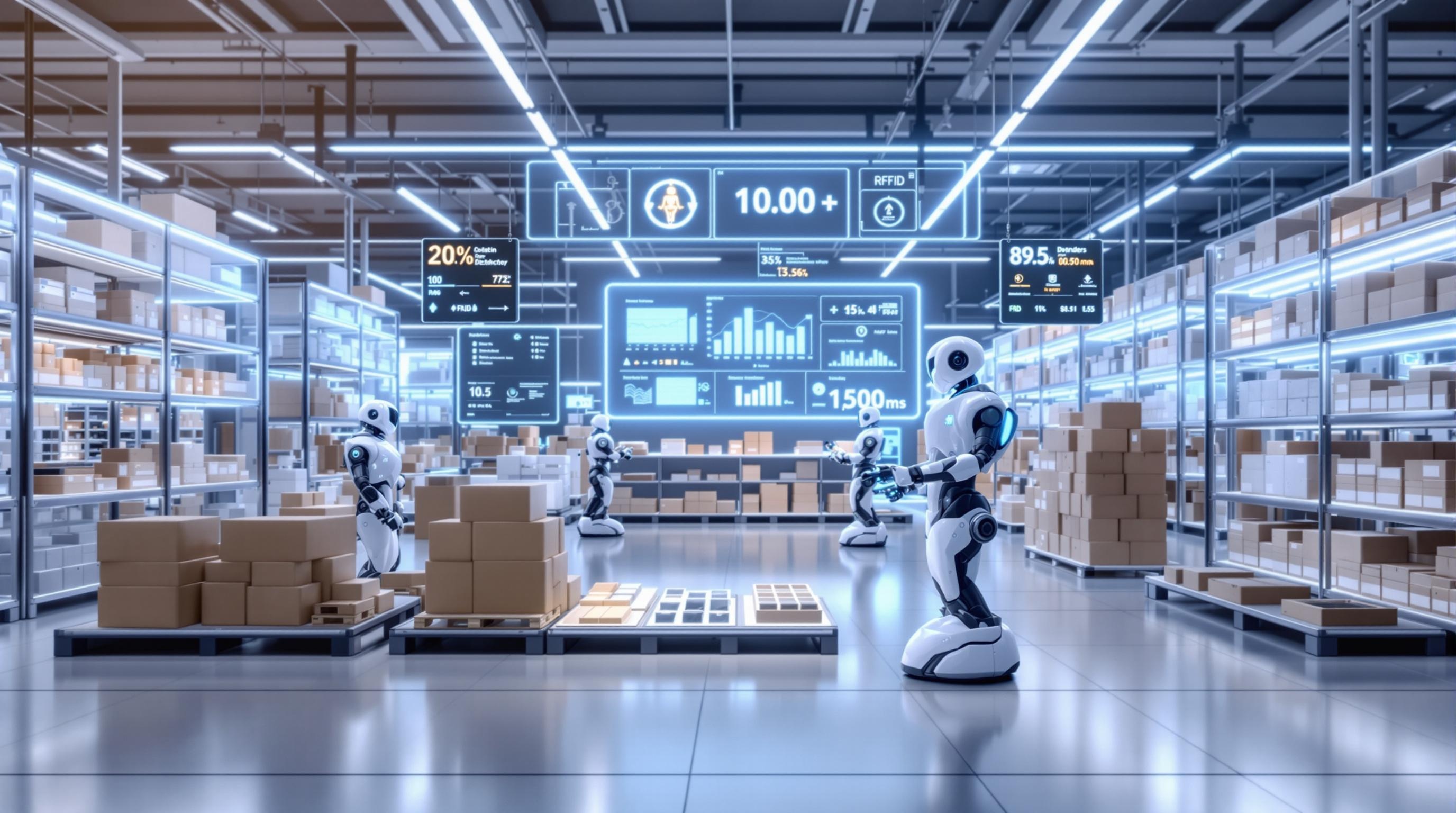 Modern retail stockroom with AI-driven robots and smart shelves, digital inventory dashboards in the background, RFID-tagged products, clean and professional style, futuristic retail technology, 16:9 aspect ratio