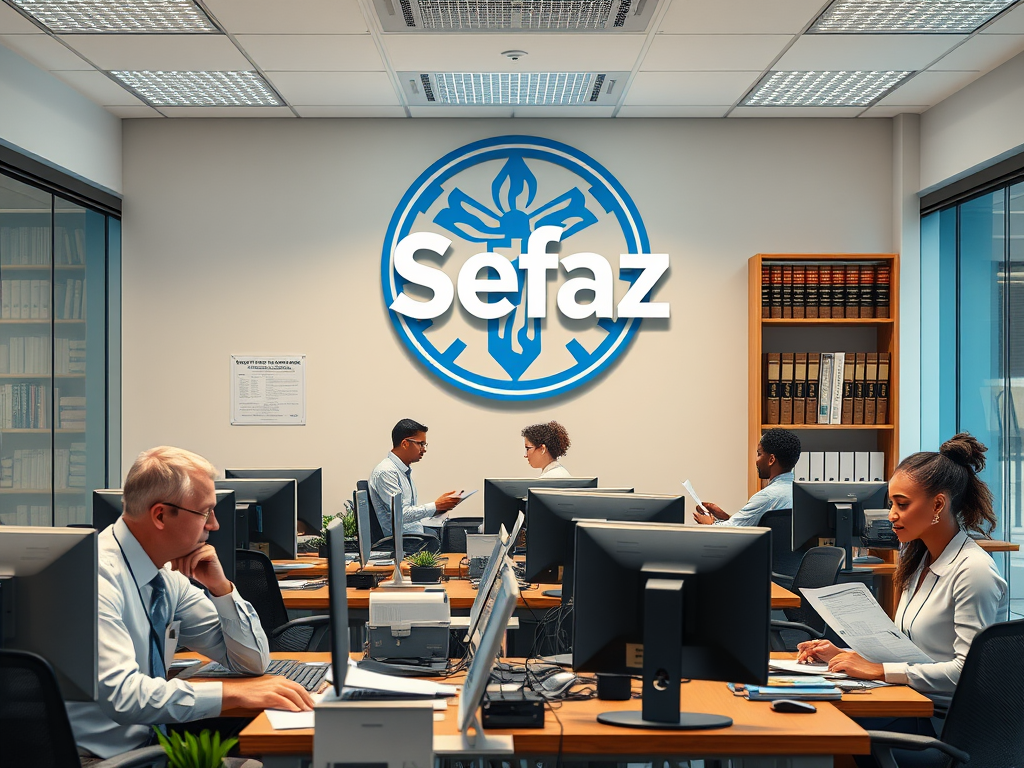 Create a realistic image of a modern government office with a large Sefaz logo on the wall, showing a diverse group of professionals (including white and black males and females) working at computers, examining financial documents, and discussing tax policies, with shelves of legal books and financial reports visible in the background.