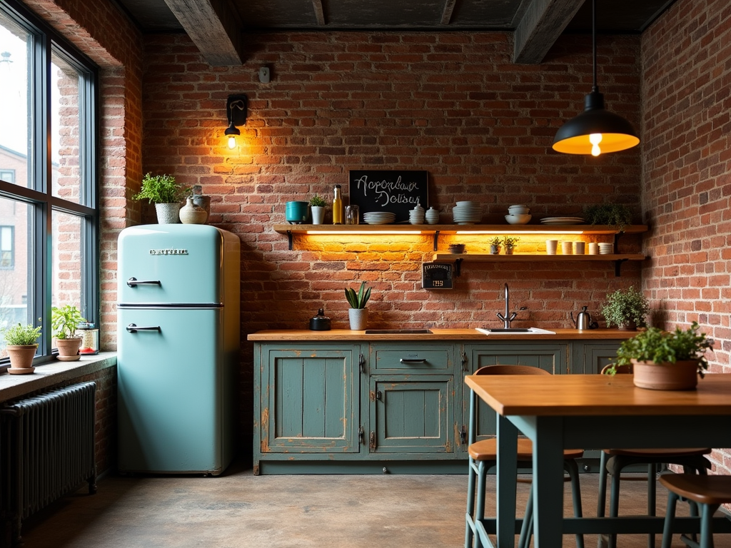 Retro urban loft kitchen: the charm of exposed bricks