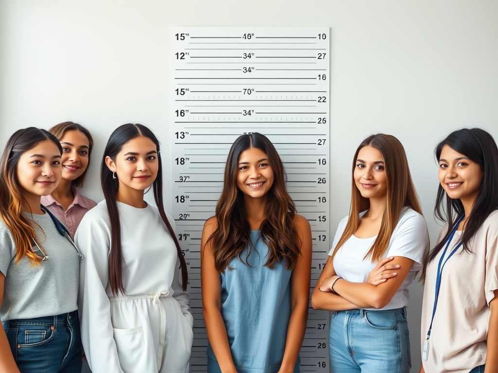 Create a realistic image of a diverse group of teenage girls aged 15-18, including white, black, and Asian individuals, standing together against a height chart backdrop, showcasing various heights to represent the final growth phase, with some girls appearing taller than others, in a bright, clean setting resembling a doctor's office or school nurse's room.