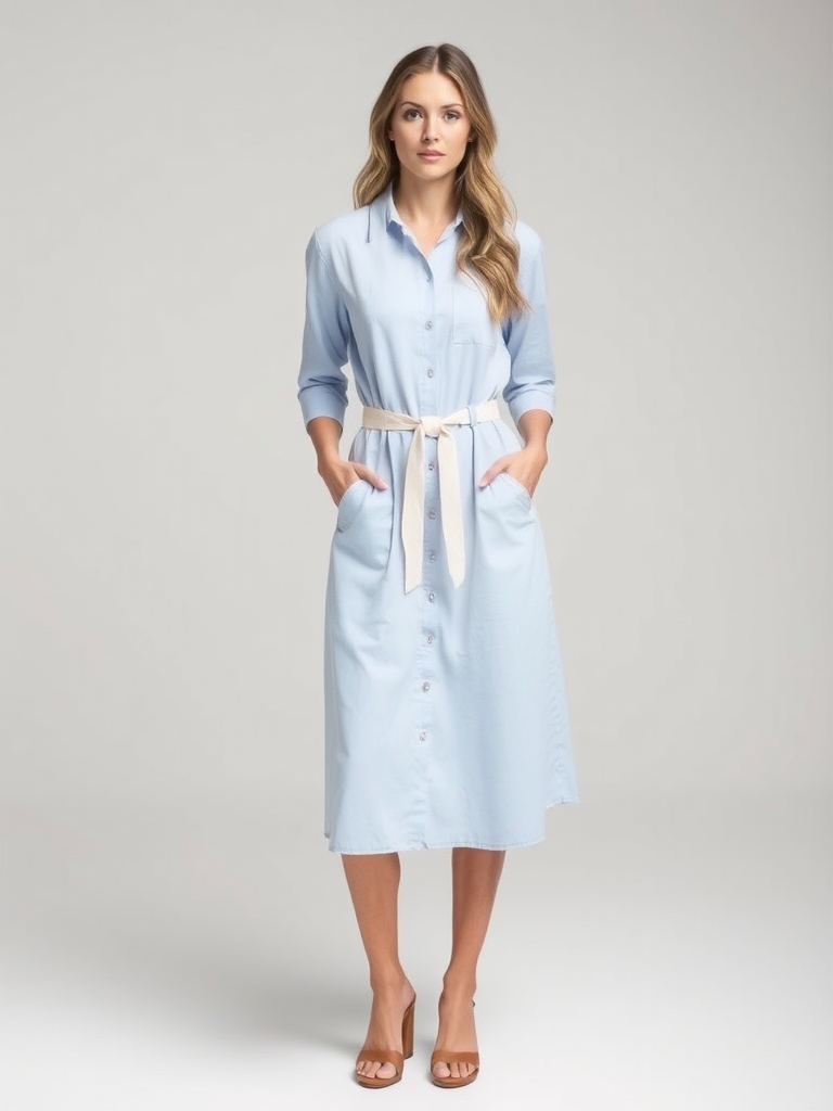 Woman in preppy shirtdress outfit