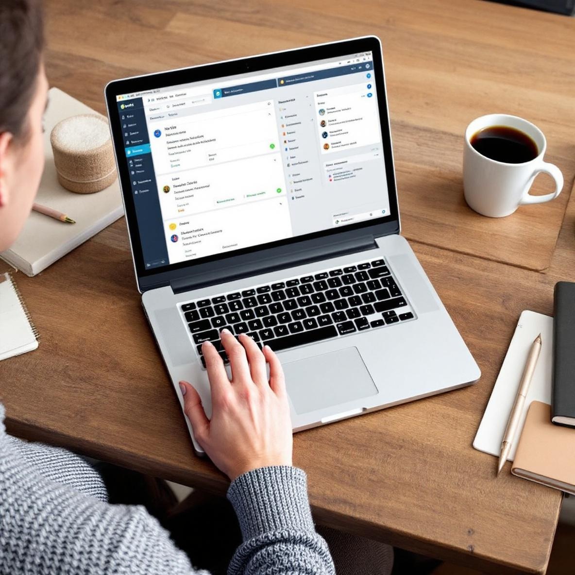 A view of a person focused on their laptop, which displays the Notion application used for CRM purposes, with a cozy workspace filled with office supplies and a plant in the background.