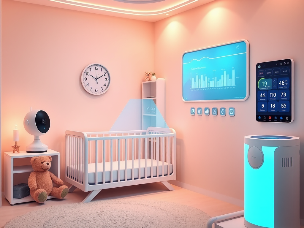 Create a realistic image of a futuristic nursery room with innovative safety products, including a smart baby monitor with holographic display, an AI-powered crib with automatic rocking function, and a high-tech air purifier. The room has soft, warm lighting and pastel-colored walls. A teddy bear with built-in sensors sits on a nearby shelf, while a touchscreen panel on the wall displays various safety metrics.