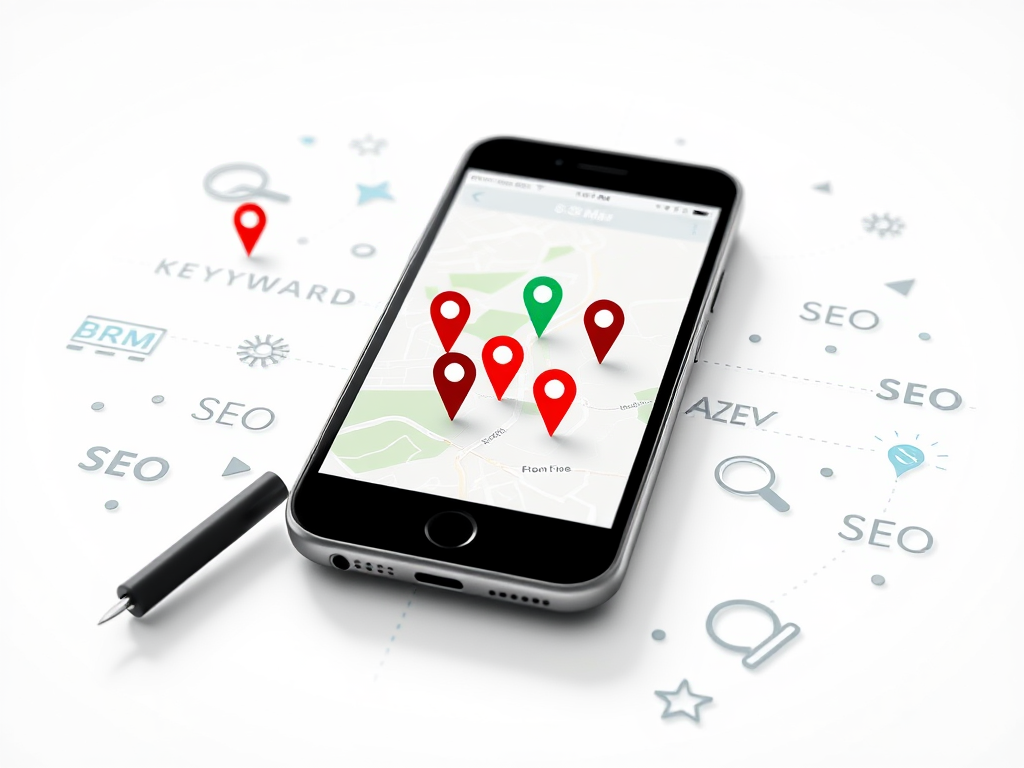 Create a realistic image of a smartphone screen displaying a map with location pins, surrounded by SEO-related icons like magnifying glasses and keywords, with a subtle overlay of geographic elements such as latitude and longitude lines, all on a clean white background with soft lighting to emphasize the blend of geography and search optimization.