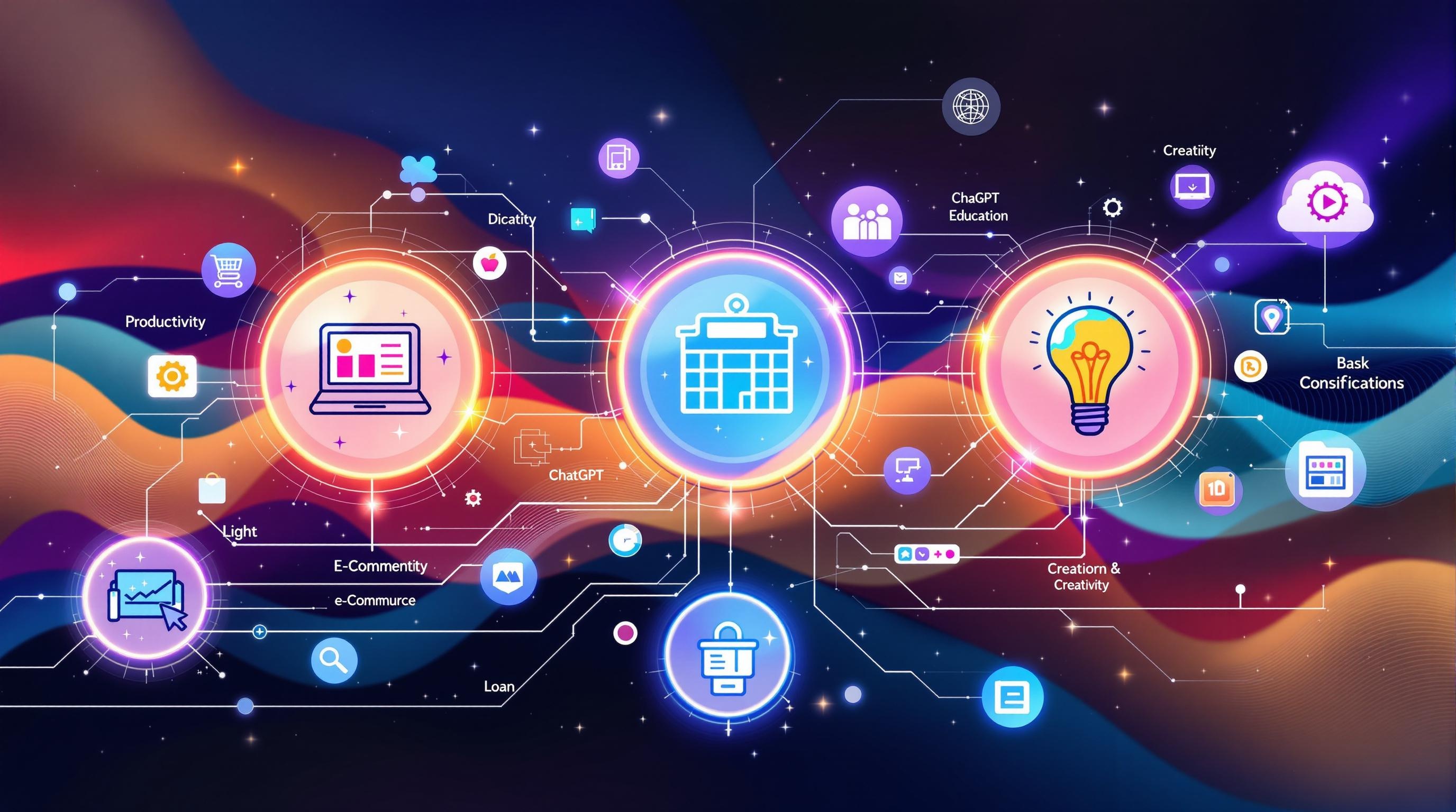 Futuristic concept art showing advanced AI chatbots evolving with new plugin capabilities, seamless integration with diverse digital platforms, abstract visual metaphor for innovation and multi-platform connectivity, sleek and modern style, 16:9 aspect ratio