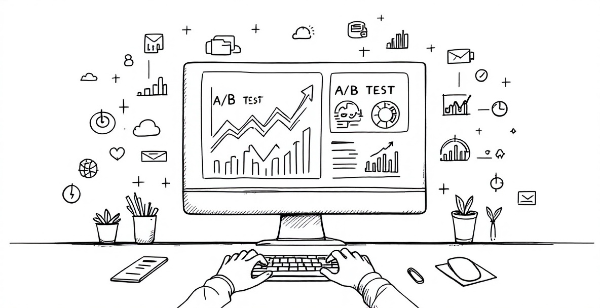 Minimalistic sketch of a digital marketing workspace with a dashboard showing A/B test results and growth trends.