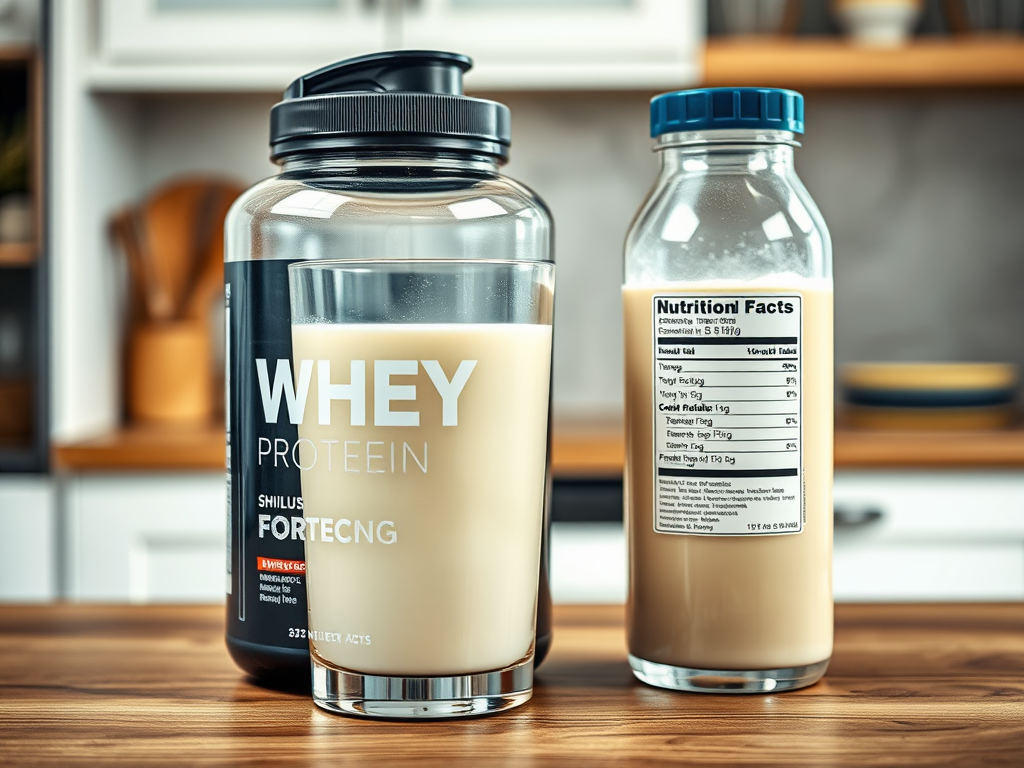 Create a realistic image of a glass filled with creamy white whey protein powder next to a shaker bottle containing a mixed protein shake, both placed on a wooden table with nutritional facts and amino acid profiles visible on labels, soft lighting highlighting the products against a blurred kitchen background.