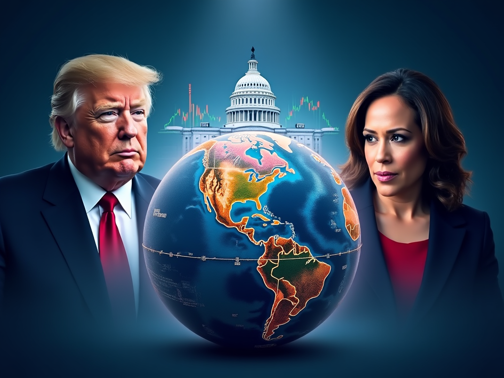 Visualize a dynamic and sophisticated cover image for the paper titled 'The Impact of U.S. Elections on Financial Markets and Investment Strategies'. The image features a large, detailed globe centered in the composition, showing North America prominently. Superimposed on the globe are fluctuating stock market charts and graphs illustrating volatility, with sharp peaks and troughs. Above the globe, a stylized, transparent silhouette of the U.S. Capitol dome signifies political influence. On the left, a digital portrait of Donald Trump with a confident expression, and on the right, Kamala Harris with a contemplative look, representing the potential presidential candidates. The background is a deep blue, symbolizing stability and depth, with subtle hints of red and white to reflect the U.S. national colors. The overall lighting is dramatic, focusing on the globe and faces to draw attention to the central themes of political impact and market reactions. The artistic style is a blend of photorealism for the portraits and semi-abstract for the financial elements, creating a modern, engaging visual narrative. This image encapsulates the tension, uncertainty, and strategical elements discussed in the paper.