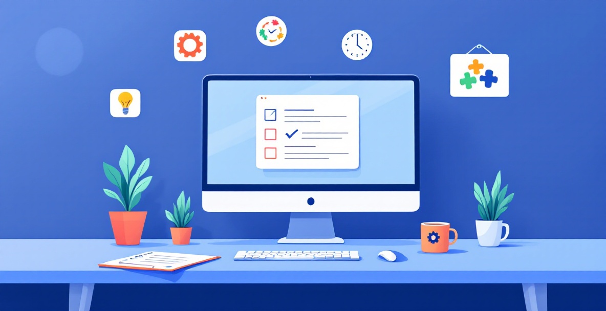 Minimalist cartoon workspace showing implementation best practices with flowchart, checklist, and floating icons