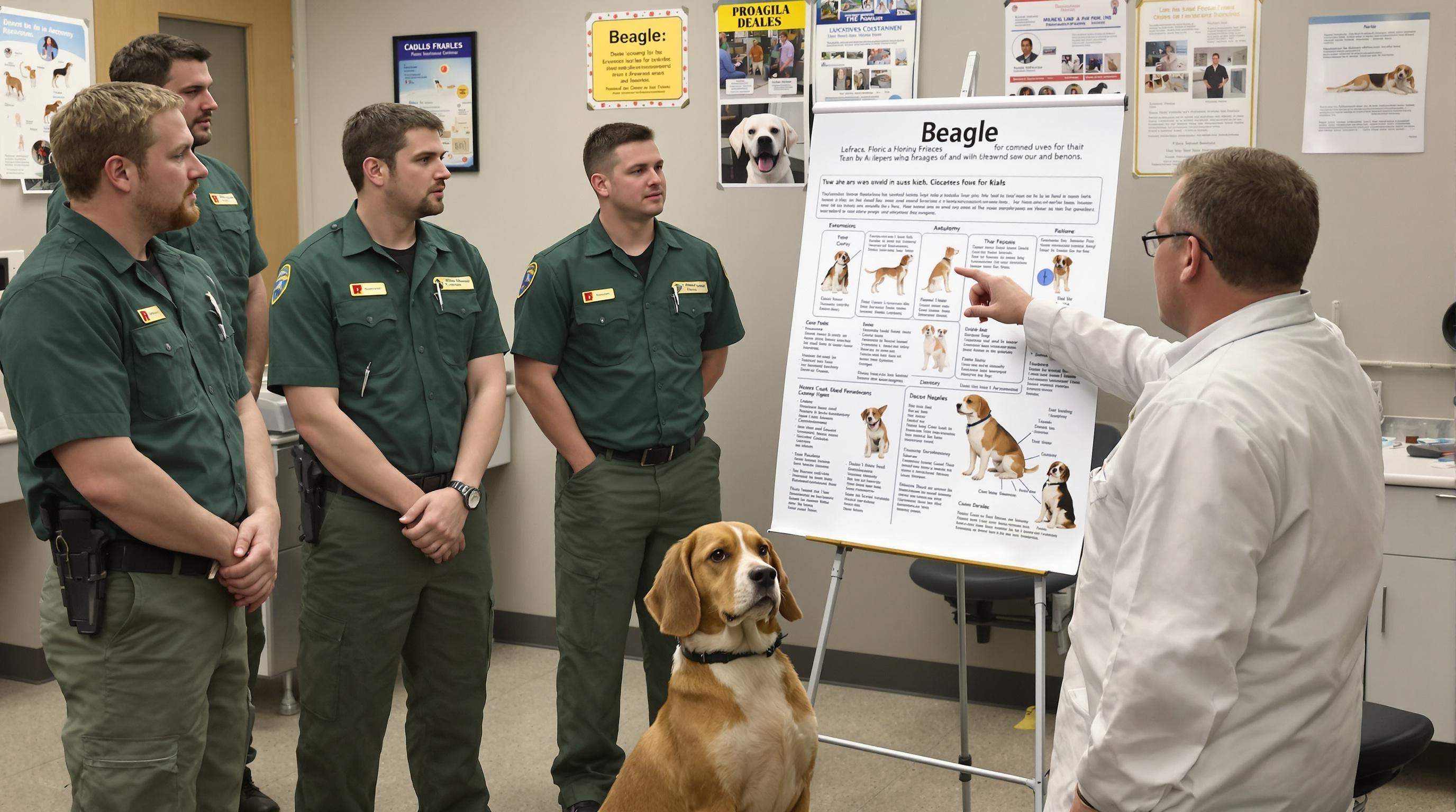 teaching about beagle to 5 male animal handlers in green clothes