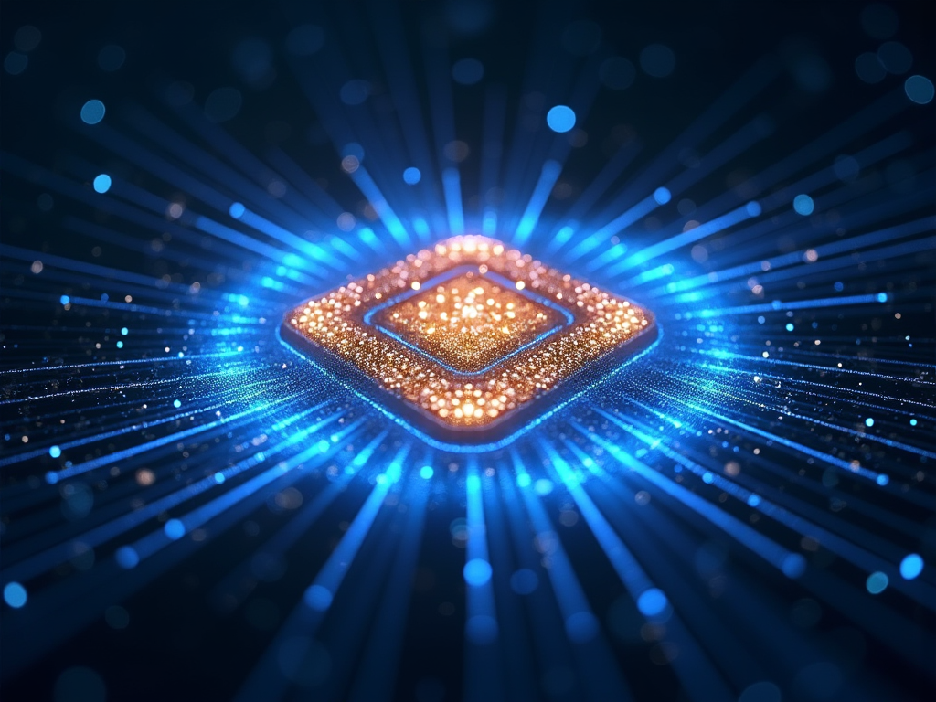 Imagine a futuristic, highly detailed digital artwork for the cover image of a paper on photonic in-memory computing. The central focus is a large, intricately designed silicon micro-ring resonator, glowing with a vibrant cerulean blue light. Embedded within the resonator are small, shimmering particles representing cerium-substituted yttrium iron garnet (Ce:YIG), each emitting a soft golden glow, creating a stark contrast against the blue. Surrounding this are numerous light beams in various shades of blue and gold, symbolizing data movement, which dynamically swirl around the resonator in a harmonious dance. The background is a deep space black, speckled with tiny white dots to suggest a limitless universe, emphasizing the vast potential of this technology. The overall mood is one of awe and high-tech sophistication, with a lighting that highlights the micro-ring resonator as the beacon of innovation. The artistic style is hyper-realistic, with a focus on achieving visual depth and a tactile feel of the materials used, such as the glossy finish of the silicon and the metallic texture of the Ce:YIG. This artwork not only illustrates the cutting-edge technology but also visually narrates the revolution in computing it represents.