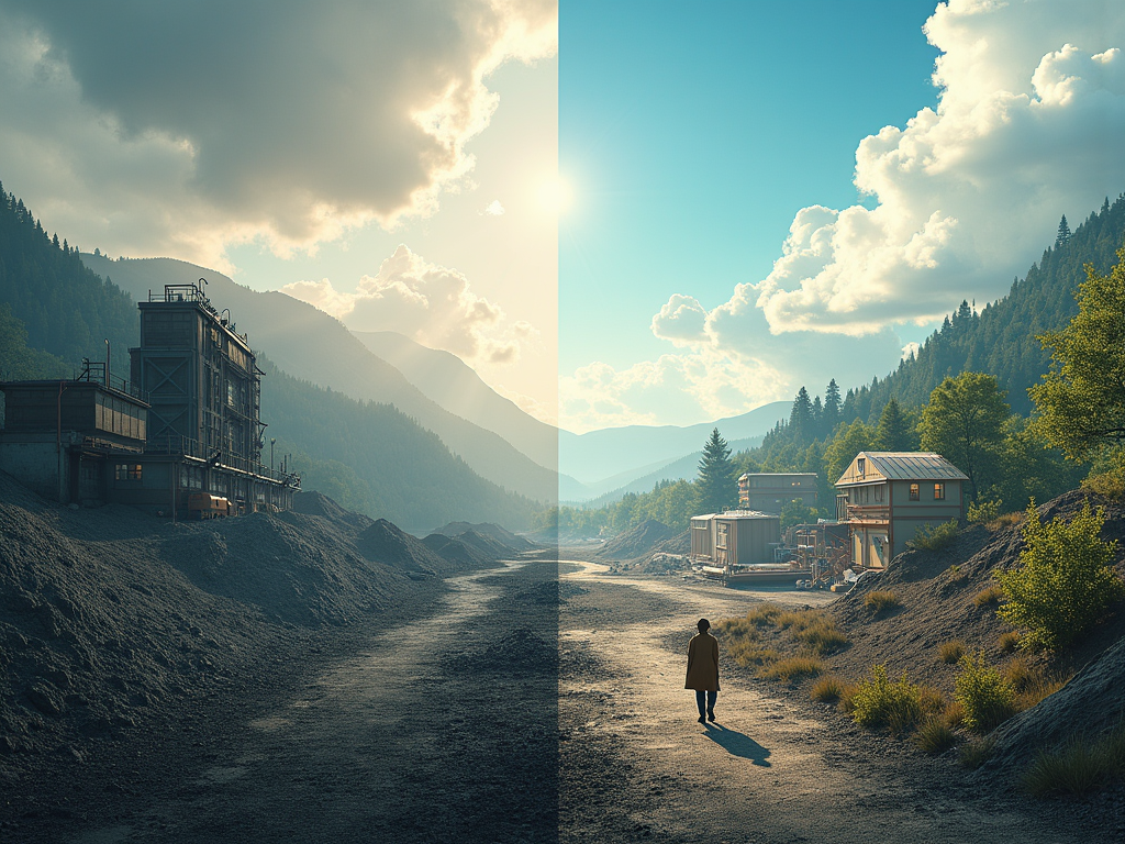 Visualize a dynamic and inspiring cover image that captures the essence of transitioning from old coal-based economies to vibrant, clean energy communities. The central focus features a large, photorealistic and slightly elevated landscape split in two distinct halves. On the left, depict a somber, gray-scale scene of a dilapidated coal mine with abandoned equipment under a cloudy sky, symbolizing the past dependency on coal. Transitioning towards the right, illustrate a bright and hopeful future with a flourishing community powered by clean energy. Show modern structures like a battery factory and a low-carbon cement manufacturing plant, surrounded by lush greenery and solar panels glistening under a clear, sunny sky. Integrate people from diverse backgrounds actively participating in construction and training activities, representing newly created job opportunities. Ensure the image conveys a stark contrast between the two halves by using a color palette that shifts from muted grays and browns on the left to vibrant greens, blues, and sunny yellows on the right. The artistic style should blend realism with elements of digital painting to enhance the futuristic aspect of the clean energy side. The mood is hopeful and transformative, emphasizing a bright future ahead. This cover should not only depict the physical transformation but also embody the socio-economic rejuvenation of these communities.