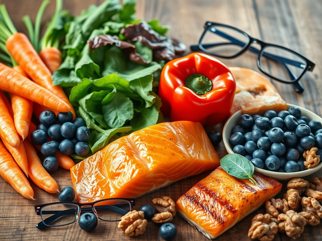 Create a realistic image of a wooden table with a vibrant array of vision-boosting foods: bright orange carrots, leafy green spinach, fresh blueberries, sliced red bell peppers, grilled salmon, and a handful of walnuts. A pair of stylish eyeglasses rests nearby, symbolizing improved vision. Soft, natural lighting illuminates the scene, emphasizing the fresh, healthy appearance of the foods.