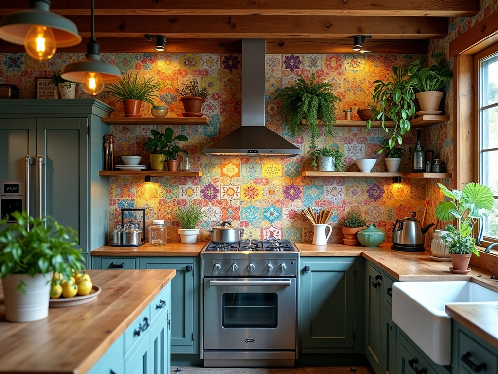 Charming Bohemian Kitchen with Colorful Tile Backsplash