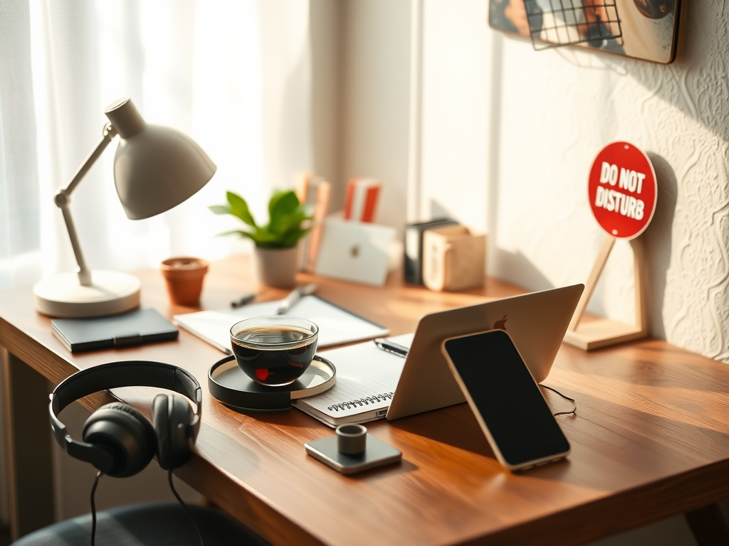 Create a realistic image of a clutter-free desk with a laptop, notebook, and a cup of herbal tea, surrounded by noise-canceling headphones, a "Do Not Disturb" sign, and a smartphone turned face down, in a calm, well-lit home office setting with soft, natural light filtering through a window, emphasizing a distraction-free environment conducive to concentration and focus.