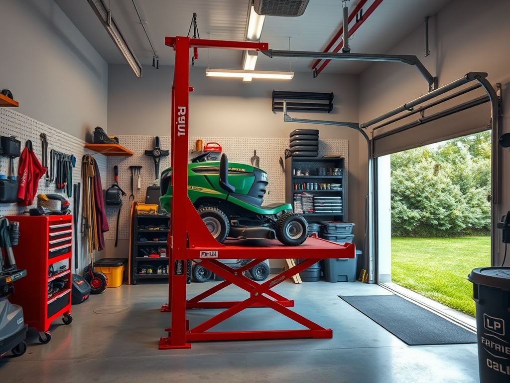 Create a realistic image of a clean, well-organized garage workshop with a red pro lift lawn mower lift in the center, holding a green riding lawn mower elevated. Tools neatly arranged on pegboards, bright overhead lighting, and a partially open garage door showing a freshly mowed lawn outside.