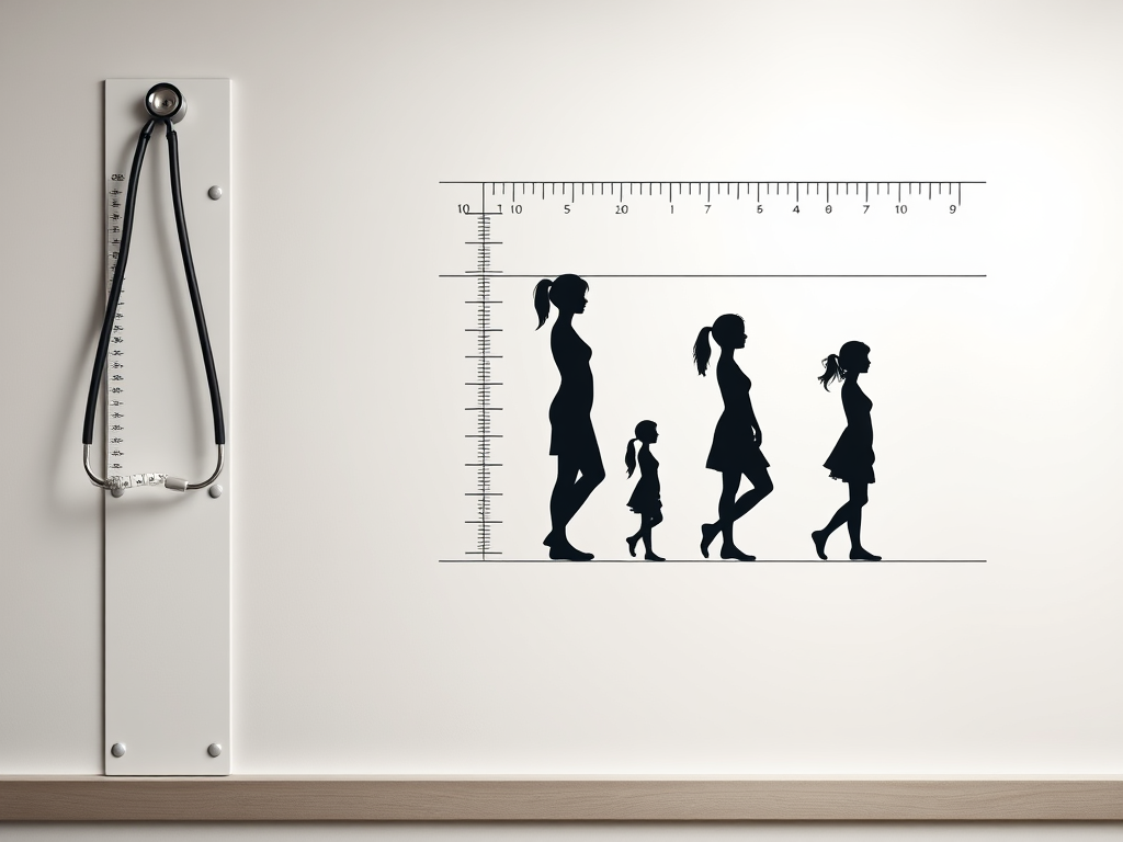 Create a realistic image of a growth chart on a white medical office wall, showing female silhouettes at different heights representing various stages of growth, with a stethoscope hanging nearby and a measuring tape visible in the foreground.