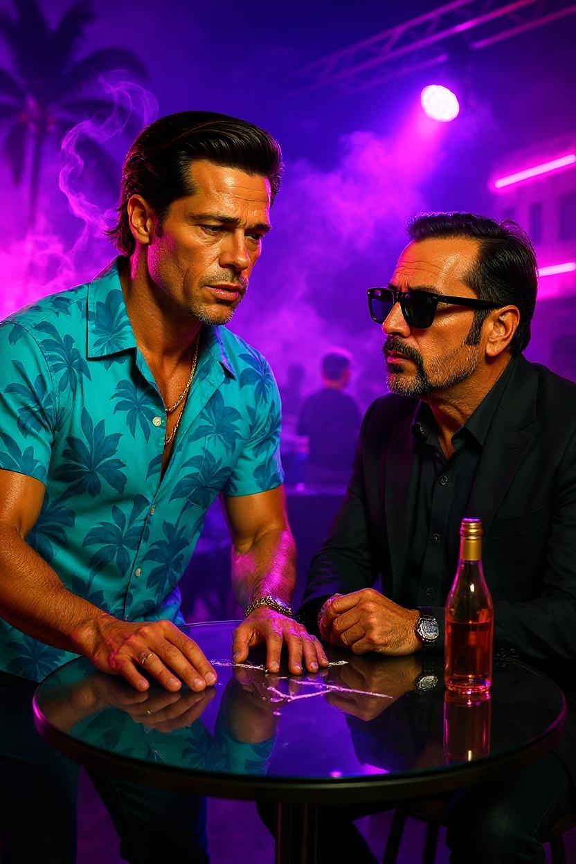 Inside a pulsating neon nightclub, smoke curls in the air as synthwave music throbs. Man leans acros