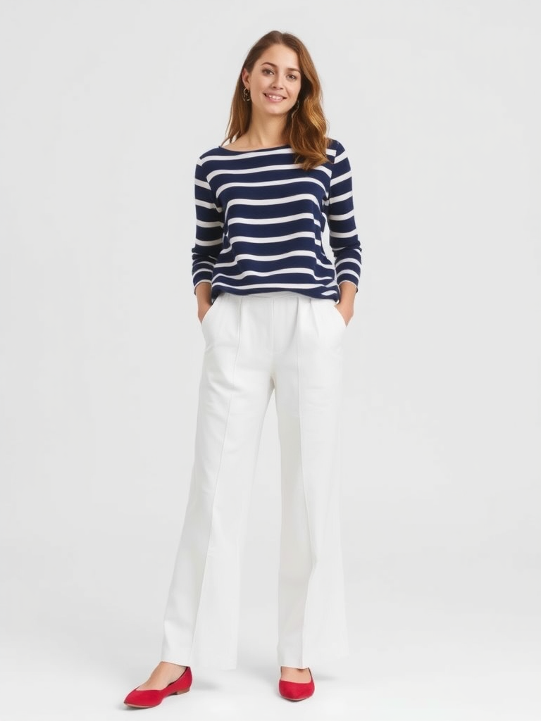 Woman in preppy nautical stripes outfit