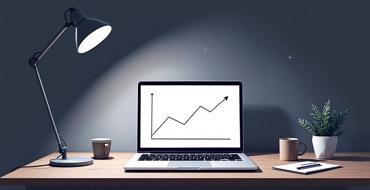 Minimalistic scene of a laptop with a graph, A/B testing icons, and soft lighting symbolizing digital marketing success.