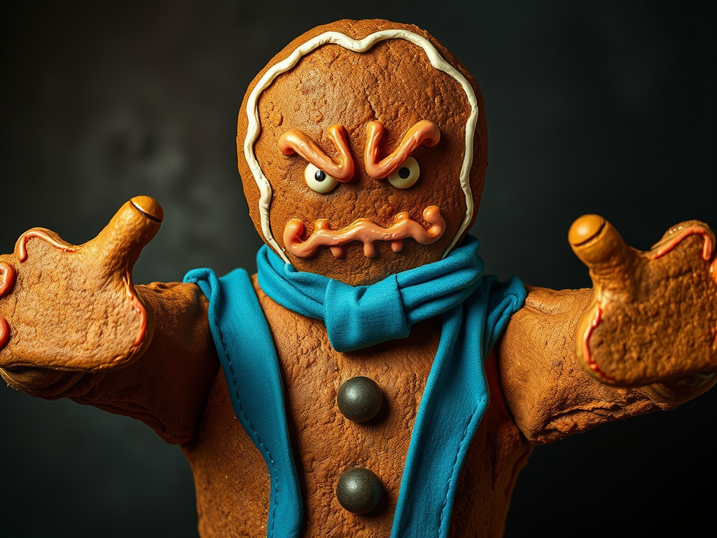 A menacing gingerbread man staring directly at you