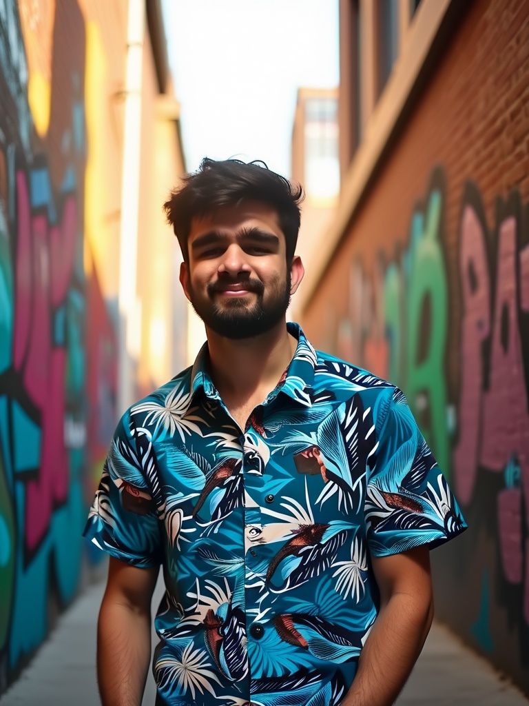 A hyperrealistic image of man <img><|image_1|></img> wears SHIRT-1, SHIRT-1 is <img><|image_2|></img> ,posing confidently in a trendy, urban setting. The background features a graffiti wall with colorful artwork, enhancing the person's casual yet fashionable look. Natural light filters through nearby buildings, illuminating their face with a warm glow.