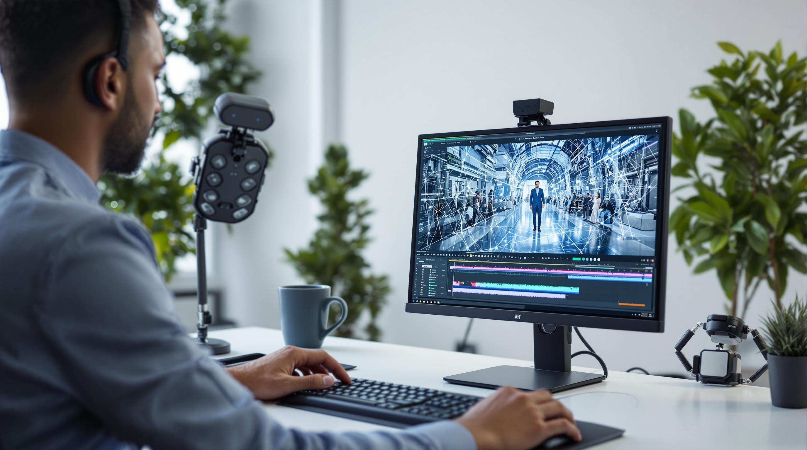 Futuristic concept art of AI-driven video editing, advanced neural networks visualized as glowing nodes, evolving video backgrounds, mobile and desktop devices connected in a creative digital workflow, modern and visionary composition, 16:9 aspect ratio