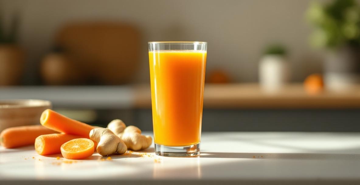 A glass of carrot ginger juice on a minimalist counter with ginger slices and carrot sticks beside it.