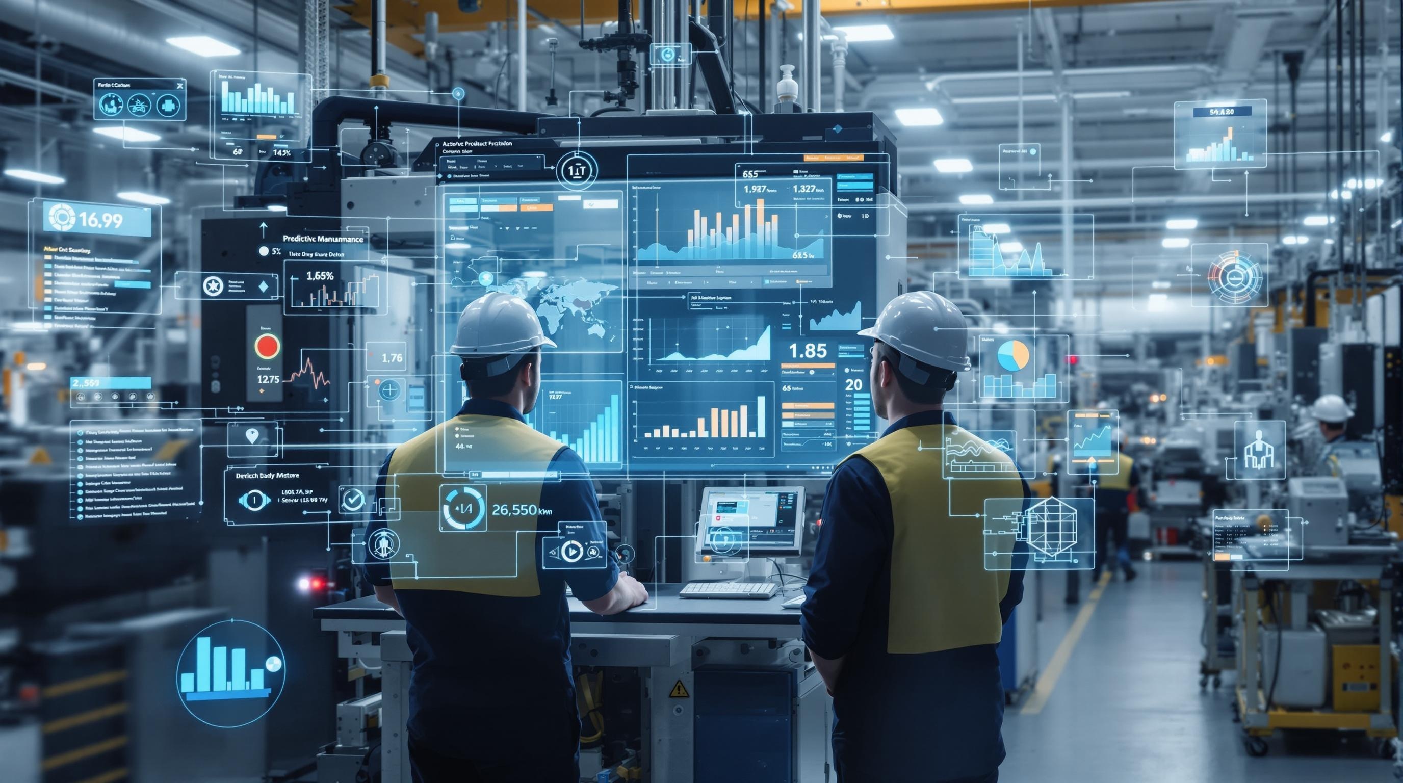 Modern manufacturing floor with AI-driven predictive maintenance dashboard, engineers analyzing real-time sensor data from connected machines, digital overlays showing equipment health and alerts, clean and professional industrial setting, 16:9 aspect ratio