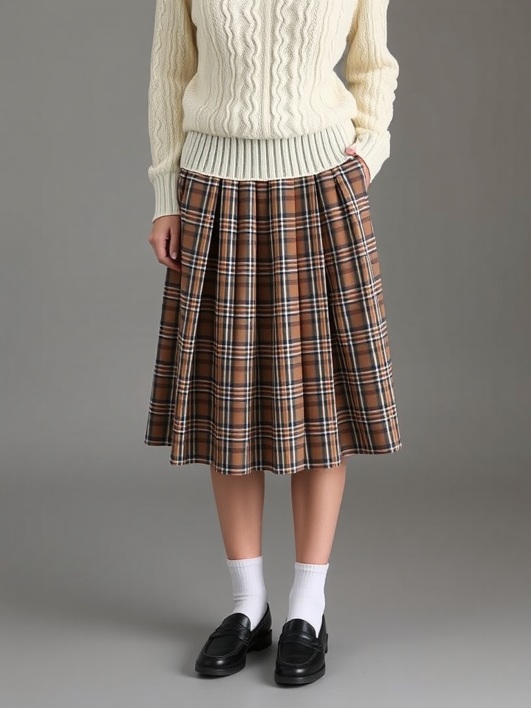 Woman in preppy pleated skirt and sweater outfit