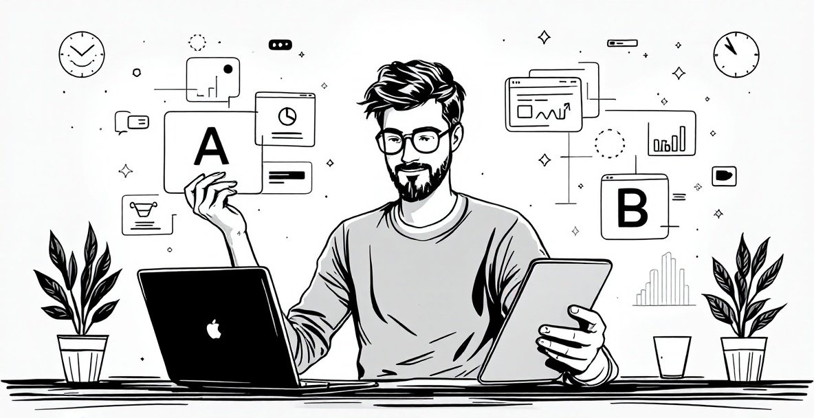 Minimalistic sketch of a marketer juggling A/B test versions on devices with data analytics backdrop.
