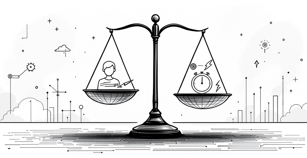 Sketch of scales balancing personalization icons and speed symbols against a digital landscape backdrop.