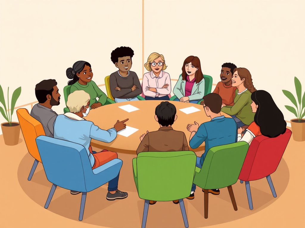 Group therapy sat on chairs around table cartoon no words adults less uniform