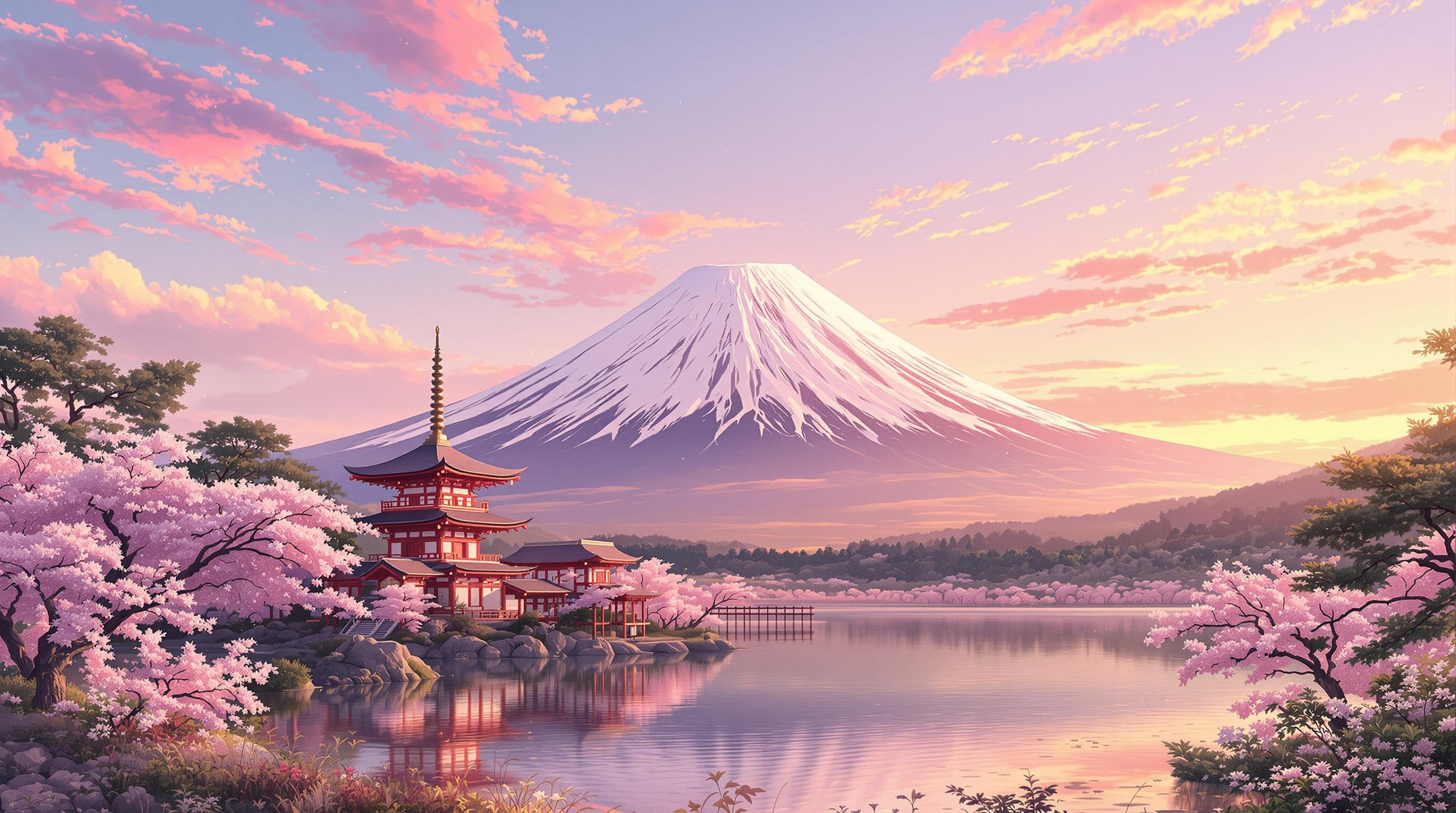 A beautiful illustration of Mount Fuji with a pagoda under a serene sky.