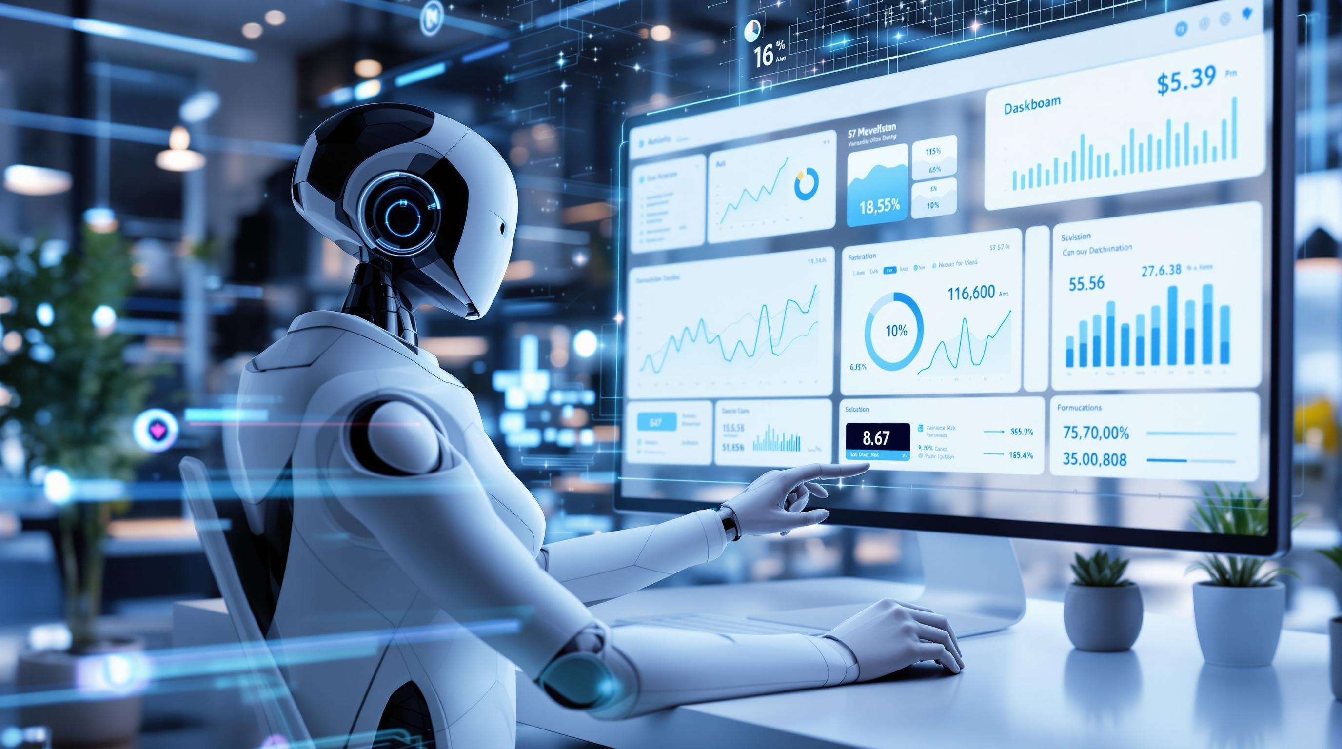 High-tech interface showing AI analyzing sales data, virtual assistant interacting with sales dashboard, smart automation icons, professional and modern design, futuristic digital workspace