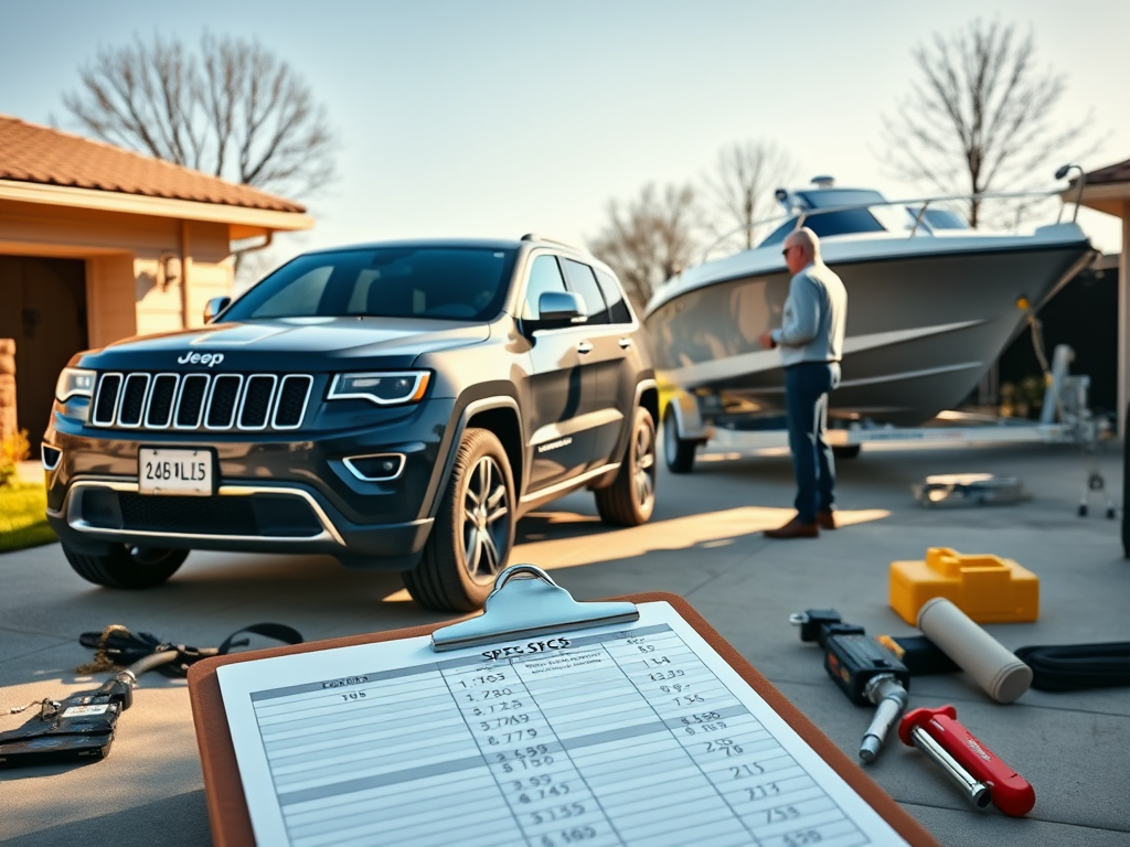 Create a realistic image of a Jeep Grand Cherokee towing a large boat on a trailer, with a white male checking the tow hitch. The scene is set on a sunny day in a driveway, with various towing accessories and equipment visible nearby. A clipboard with specs and numbers is prominently displayed in the foreground.