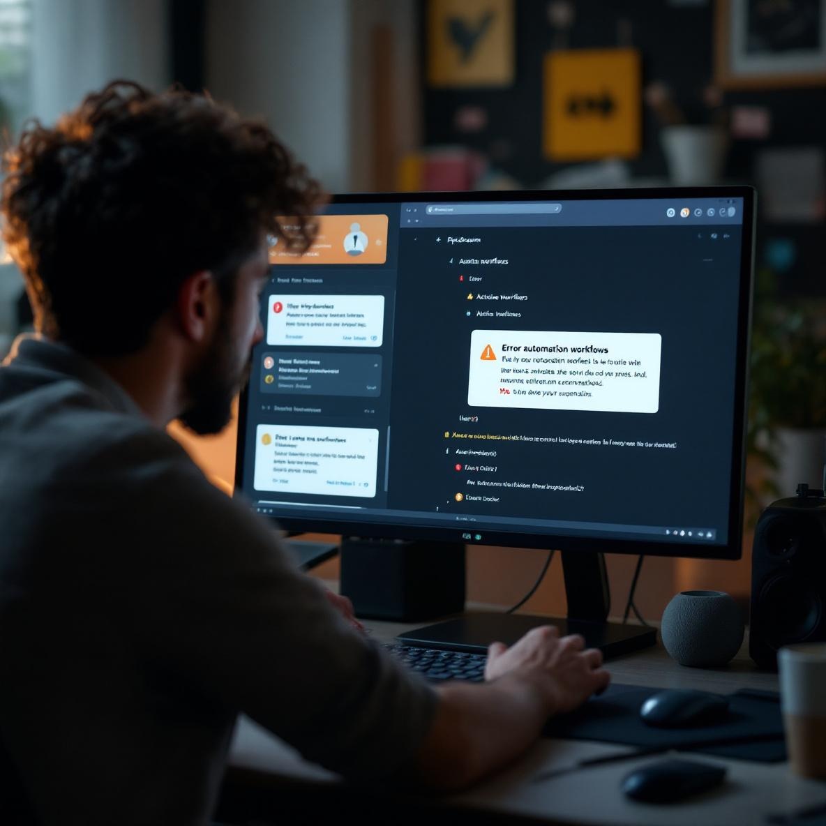 A person appearing concerned at their desk, focused on a computer screen showing Pipedream