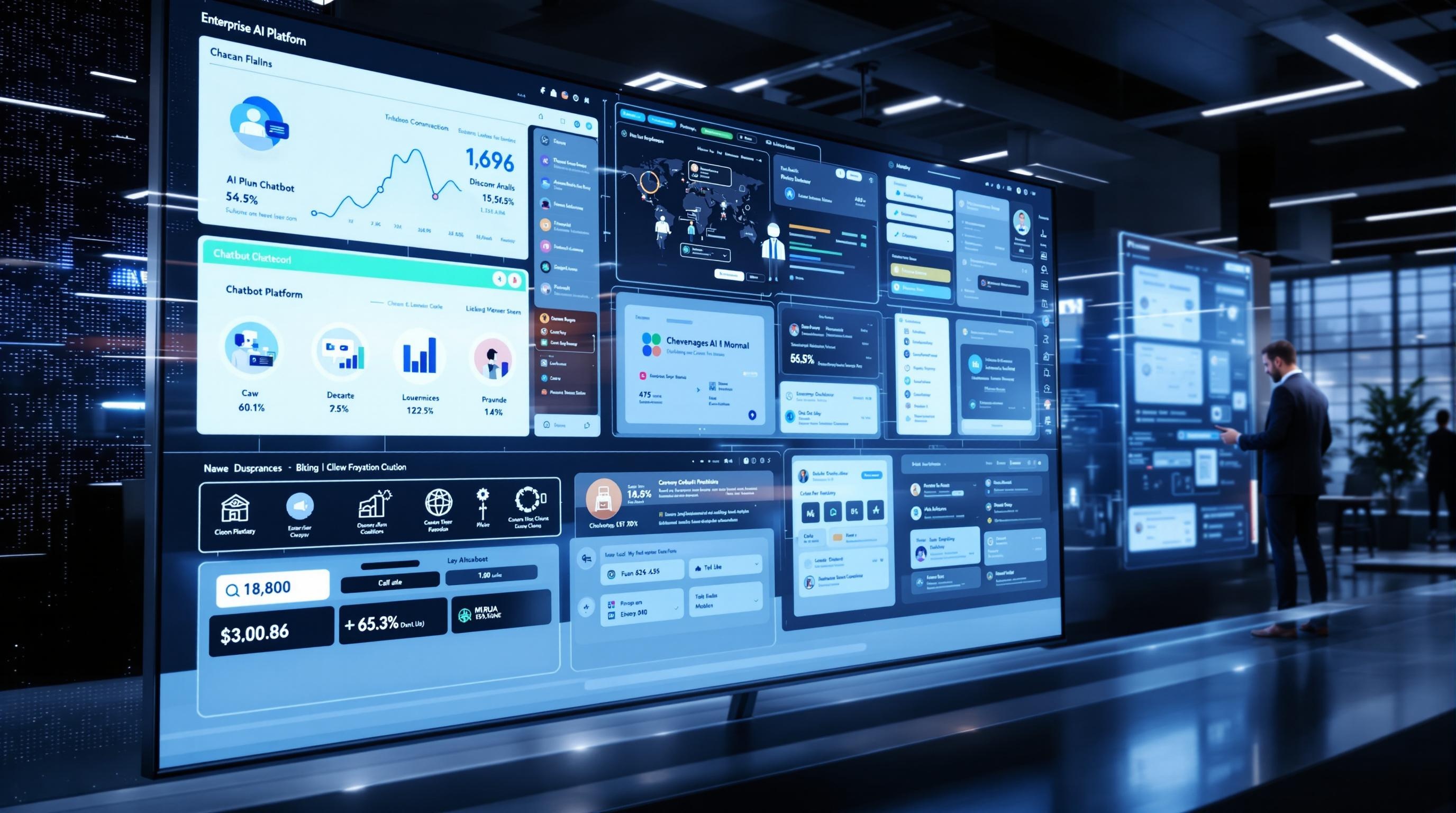 Modern digital dashboard displaying multiple enterprise AI chatbot platforms in action, sleek user interfaces, corporate office environment, professional tech visuals, clean and futuristic style