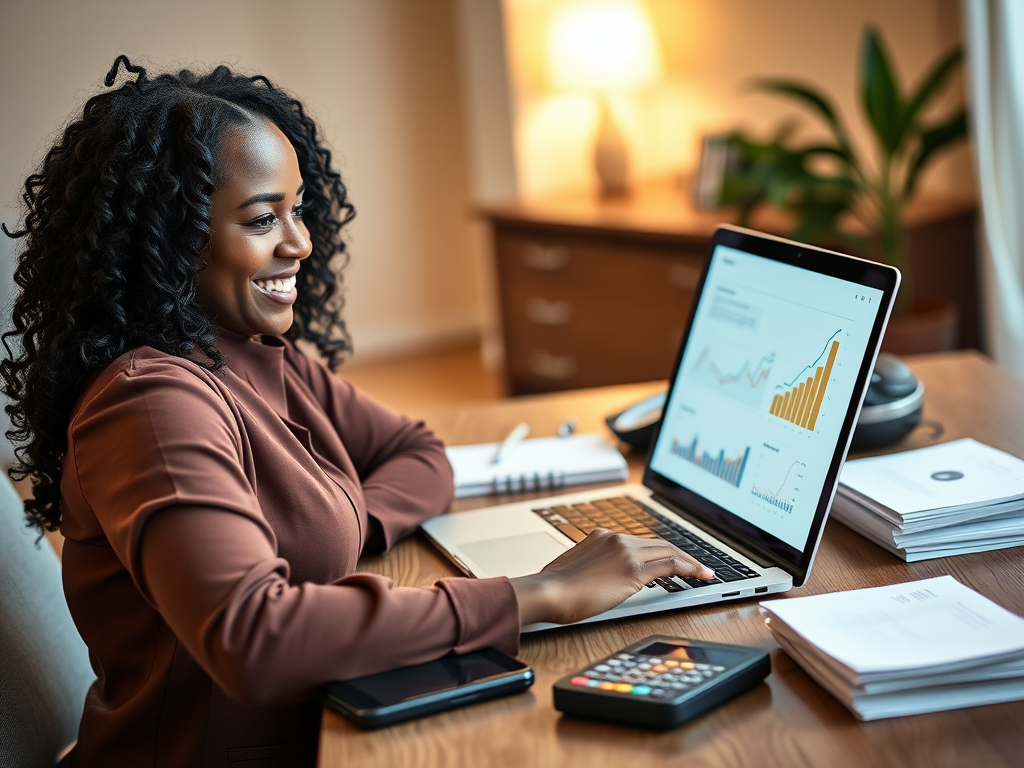 Create a realistic image of a smiling young black woman sitting at a desk, looking at a laptop screen displaying financial documents and graphs. A smartphone, calculator, and neat stack of papers are visible on the desk. The background suggests a modern home office with soft, warm lighting.