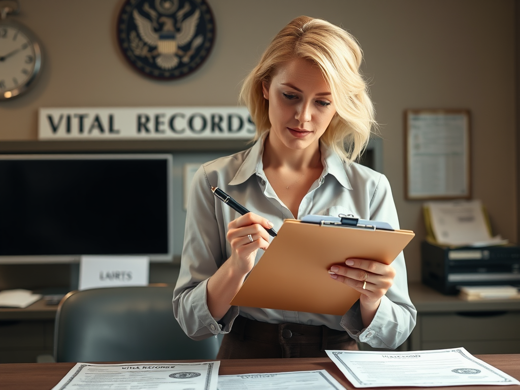 Create a realistic image of a white female holding a clipboard and pen, standing in front of a government office desk with a sign reading "Vital Records" visible, examining official-looking documents, with a raised seal birth certificate partially visible on the desk, soft indoor lighting, and a sense of focused determination in her expression.
