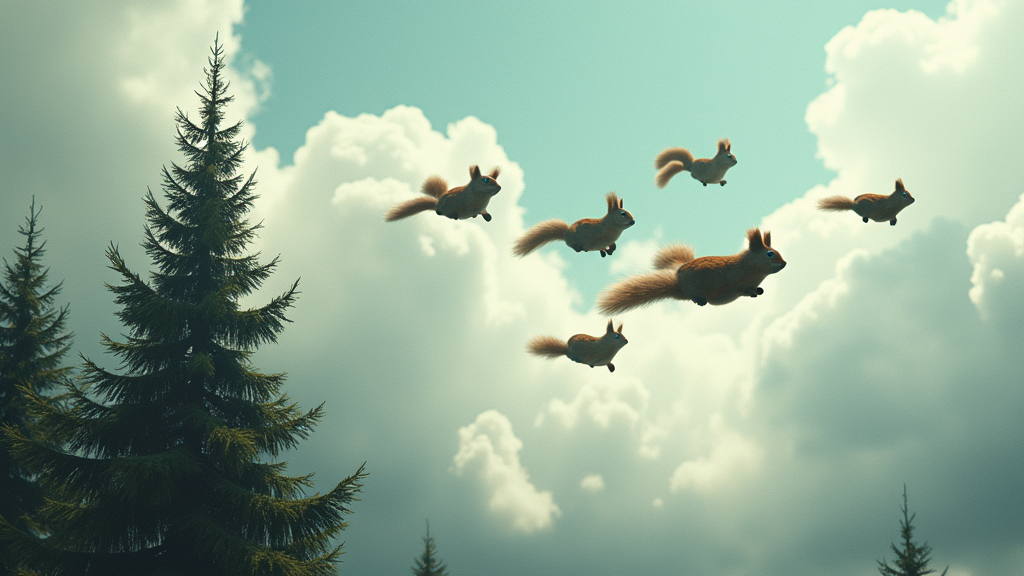 A flock of pine trees soaring through a cloudy sky with squirrels in small aircraft looking utterly bewildered.