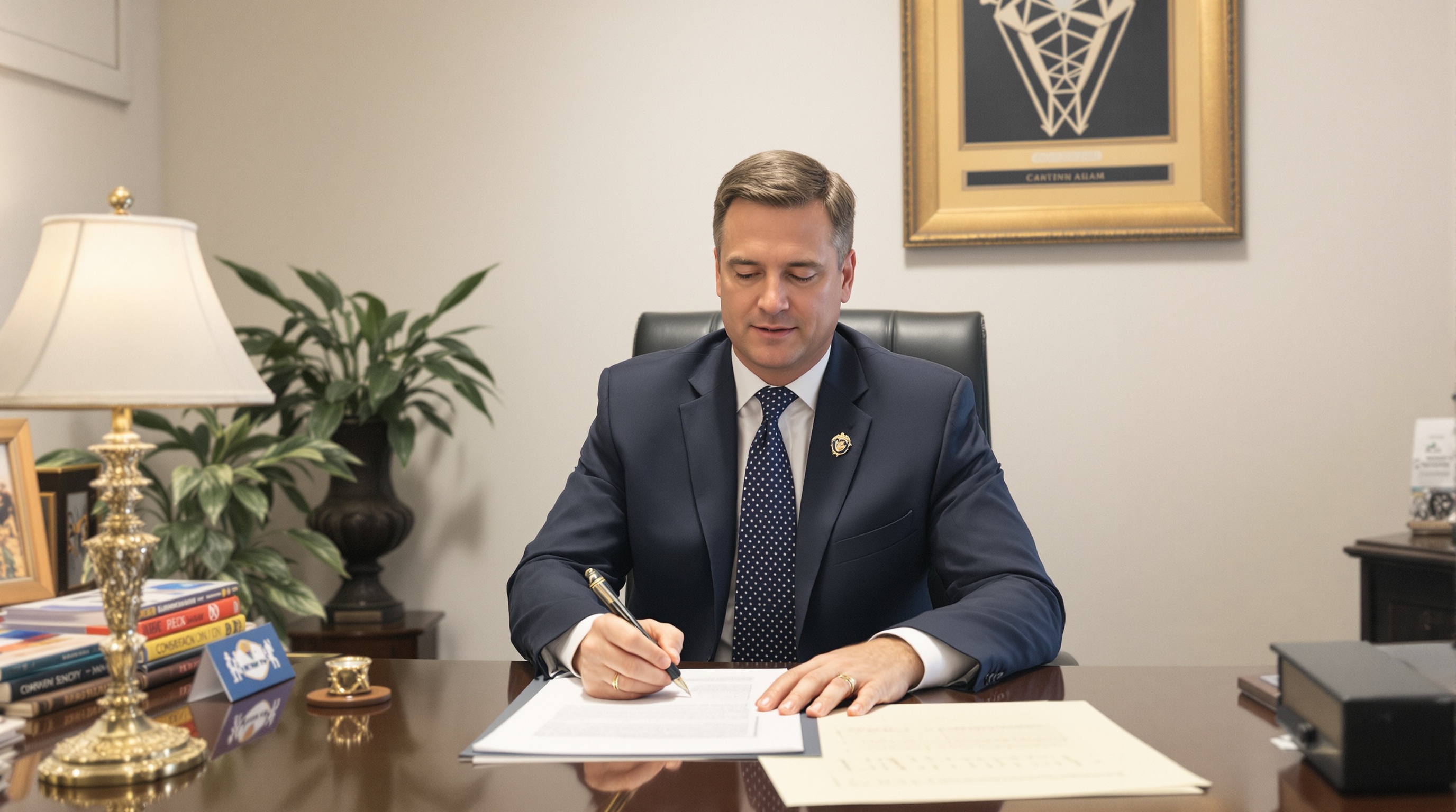 A notary public sitting at their desk in a professional office setting.