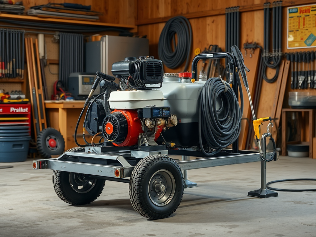 Create a realistic image of a pressure washer skid unit in a workshop setting, featuring a sturdy metal frame with mounted components including a high-pressure pump, engine, fuel tank, and water tank, with coiled hoses and spray wands visible, against a background of tools and equipment, with warm, diffused lighting highlighting the industrial nature of the setup.